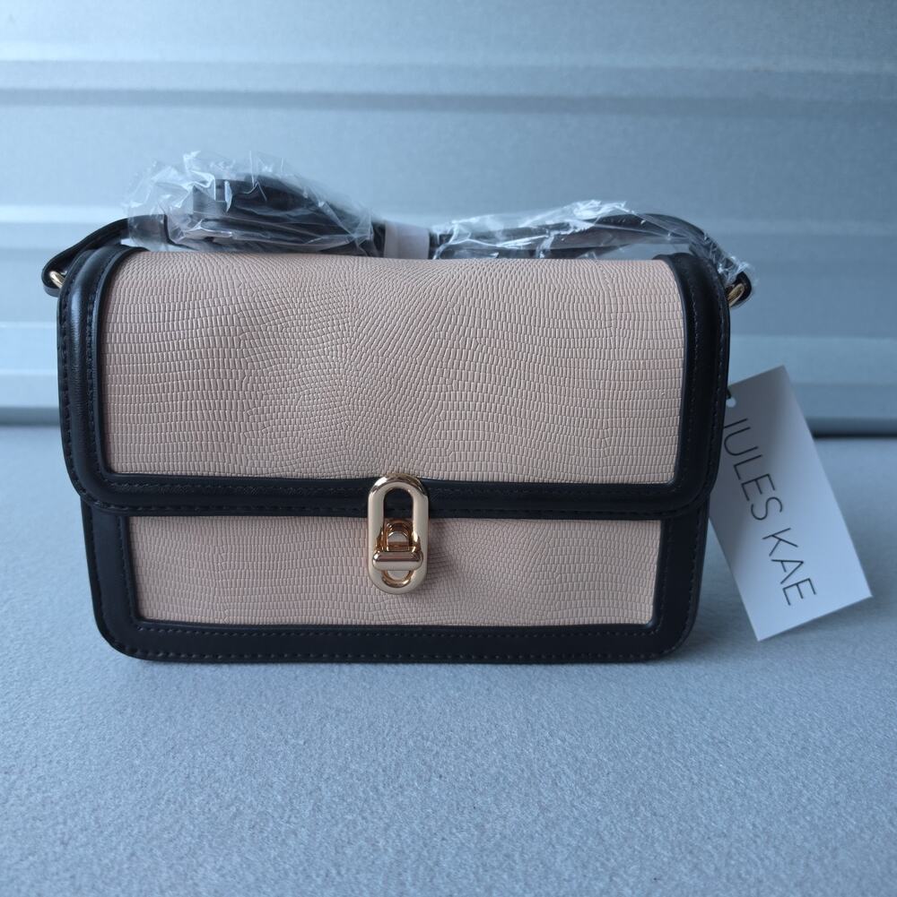 Jules Kae Mia Vegan Leather Crossbody: Lizard-Embossed Tan & Black Satchel